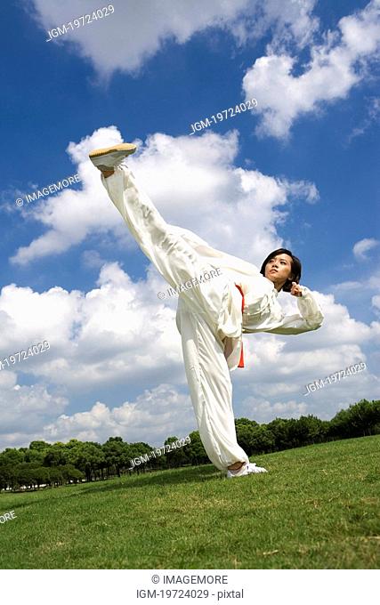 Young woman performing martial arts kick