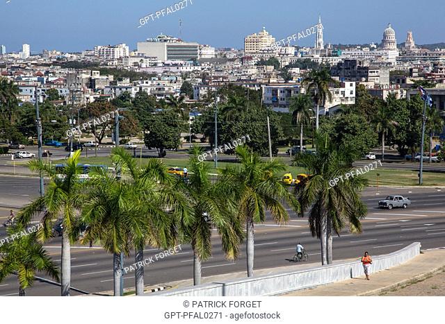 VIEW OF THE CITY CENTER FROM REVOLUTION SQUARE, PLAZA DE LA REVOLUCION, HAVANA, CUBA, THE CARIBBEAN