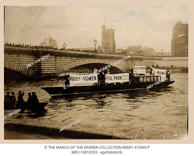 Suffragette Hyde Park Demonstration 1908. The W.S.P.U advertised its 'Women's Sunday' Demonstration on 21st June 1908 from a barge on the River Thames