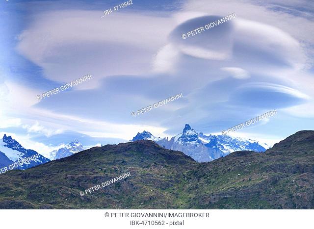 Cloud atmosphere over the Los Cuernos massif, Torres del Paine National Park, Última Esperanza Province, Chile
