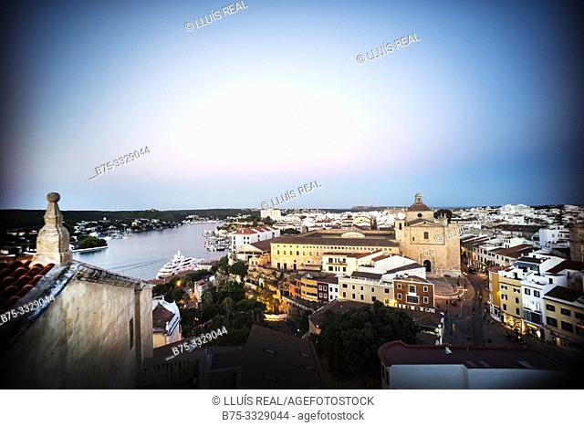 View of the port and city at dusk. Mahon Menorca, Balearic Islands, Spain, Europe