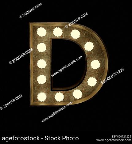 Metal letter D with small lamps on a dark background, 3d rendering