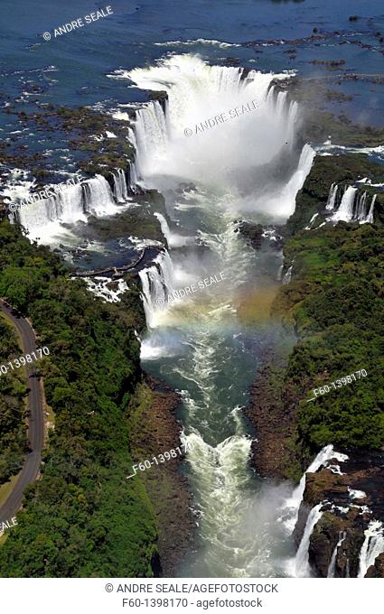 Aerial view of Iguassu Falls and rainbow, Iguassu river, border between Brazil and Argentina