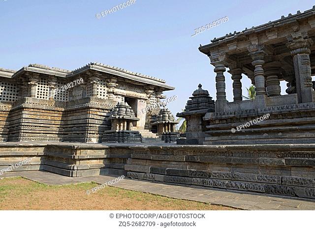 View of Nandi Mandapa and Hoysaleshwara Temple, Halebid, Karnataka, india. View from East