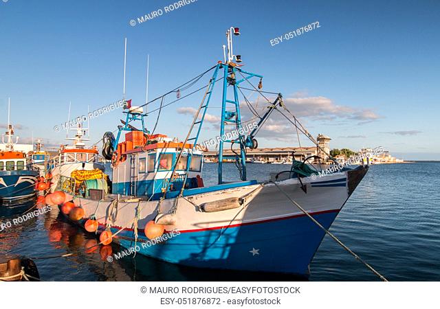 View of traditional fishing boats on the port of Olhao, Portugal