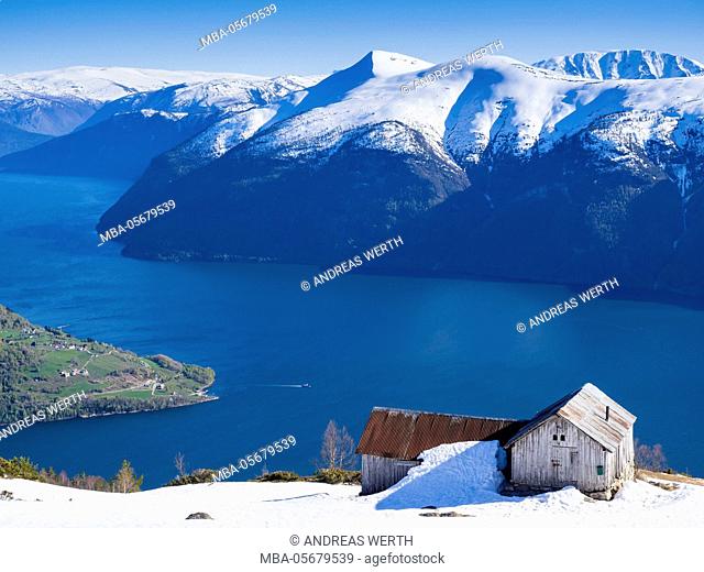View from mount Molden, over the Lustrafjord, inner branch of Sognefjord, tongue of land of Urnes, Norways oldest stave church