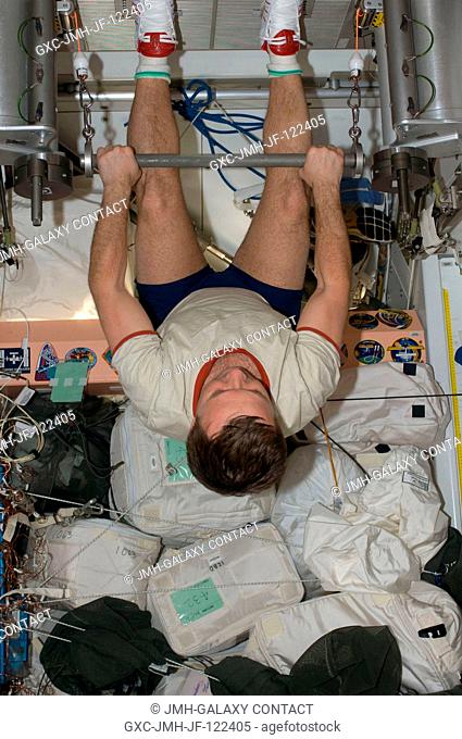 Cosmonaut Yury Lonchakov, Expedition 18 flight engineer, uses the short bar for the Interim Resistive Exercise Device (IRED) equipment to perform upper body...