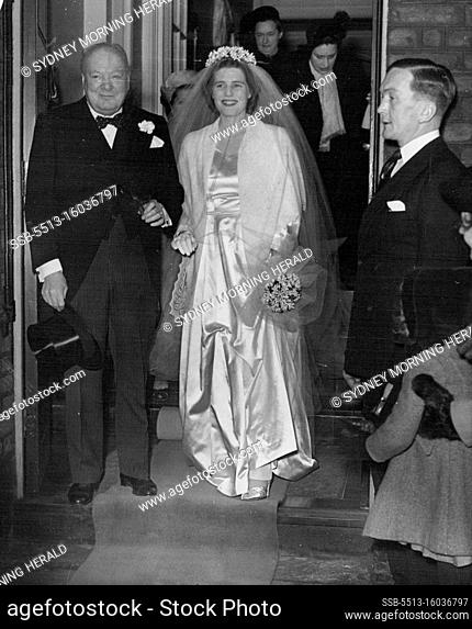 Mary Churchill's Wedding -- Mr. Winston Churchill and his daughter, Mary, leaving their home in Hyde Park Gate for St. Margaret's to-day, Tuesday