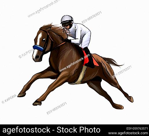 Horse racing with a jockey from splash of watercolors, colored drawing, realistic, Horseback riding. Vector illustration of paints