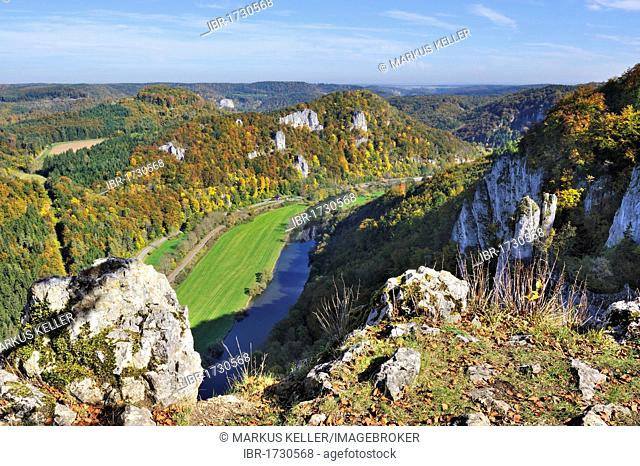 View from the Lenzenfelsen rocks over the Upper Danube Valley with autumn vegetation, Sigmaringen district, Baden-Wuerttemberg, Germany, Europe