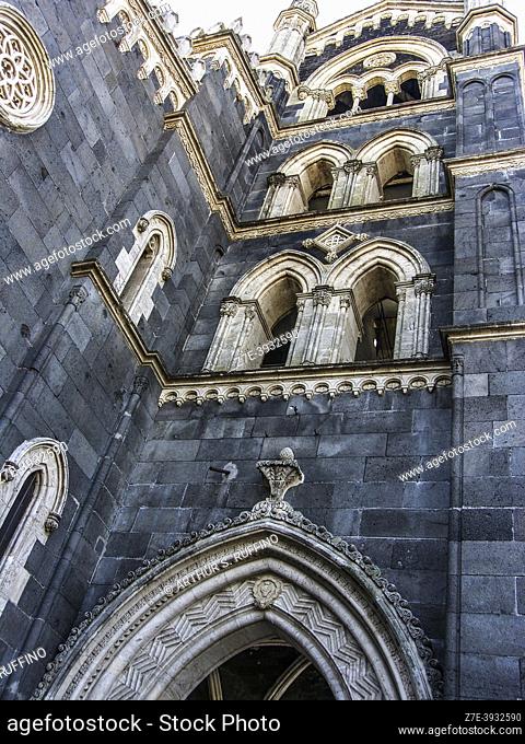 Architectural detail. Bell Tower. Basilica of Saint Mary (Basilica S. Maria), Piazza S. Maria (St. Mary Square). Randazzo, Metropolitan City of Catania, Sicily