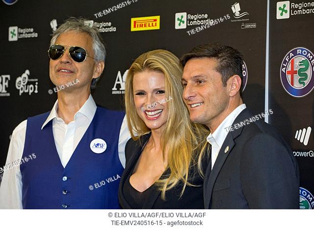 The tenor Andrea Bocelli, with the showgirl Michelle Hunziker and the former football player Javier Zanetti during the photocall for the presentation of show '...