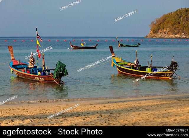Longtail boats on Kata Beach, Phuket, Andam Sea, Indian Ocean, Thailand, Asia