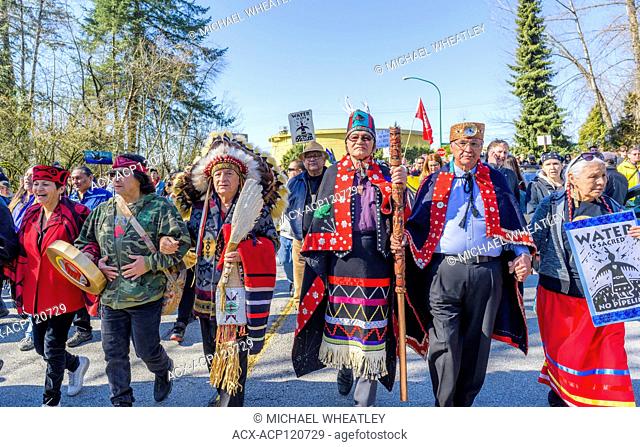 Indigenous Chiefs and elders lead Anti Kinder Morgan Pipeline March near Oil Tank Farm, Protect the Inlet, Kwekwecnewtxw, Burnaby BC, Canada