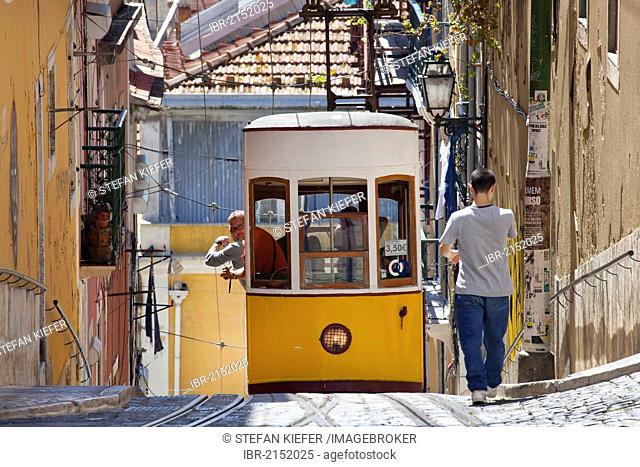 Tram of the Elevador da Bica funicular railway in the district of Bairro Alto, Lisbon, Portugal, Europe