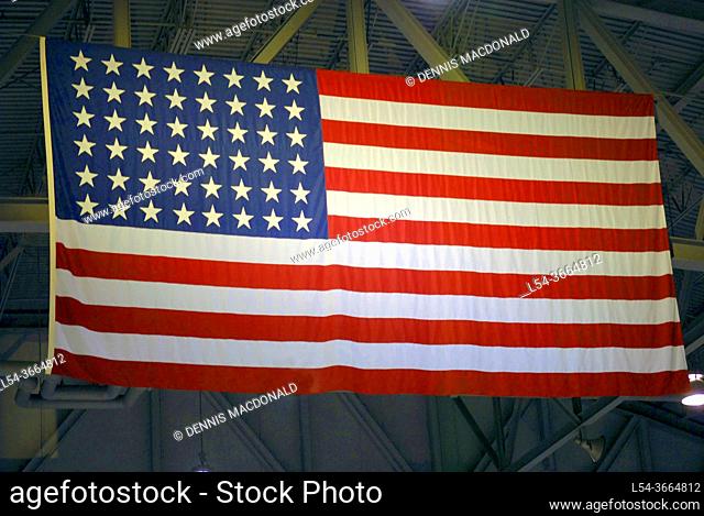 United States American 48 Stars flag hangs at the Experimental Aircraft Association EAA Air Adventure Museum Oshkosh Wisconsin