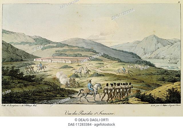 Presidio (Spanish built fortress) near San Francisco, 1822, lithograph by De Langlume from a drawing by Choris taken from A New Voyage Round the World in the...