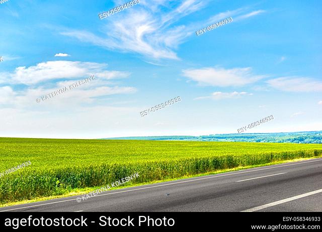 Agricultural field and asphalted highway at sunny summer day