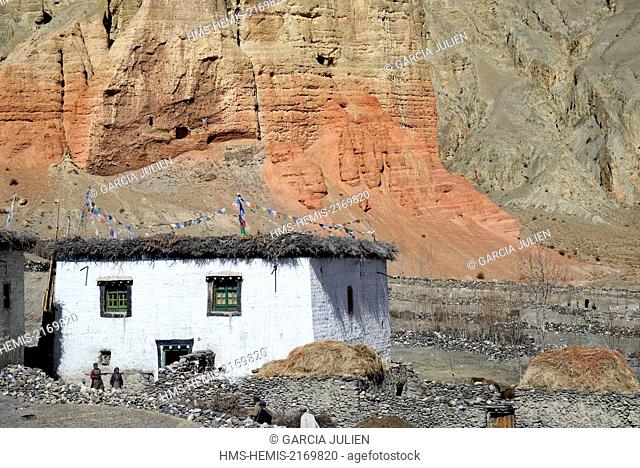Nepal, Gandaki zone, Upper Mustang (near the border with Tibet), house in the village of Dhakmar and red cliff with caves