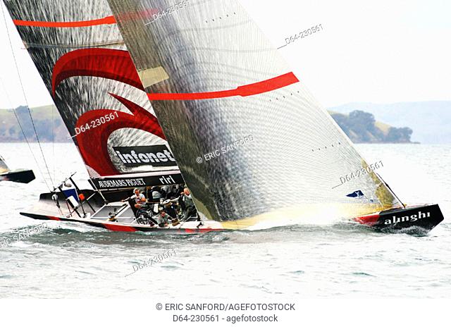 Swiss boat ALINGHI beating to weather. Louis Vuitton Challenger series, 2003/03 America's Cup. Auckland. New Zealand