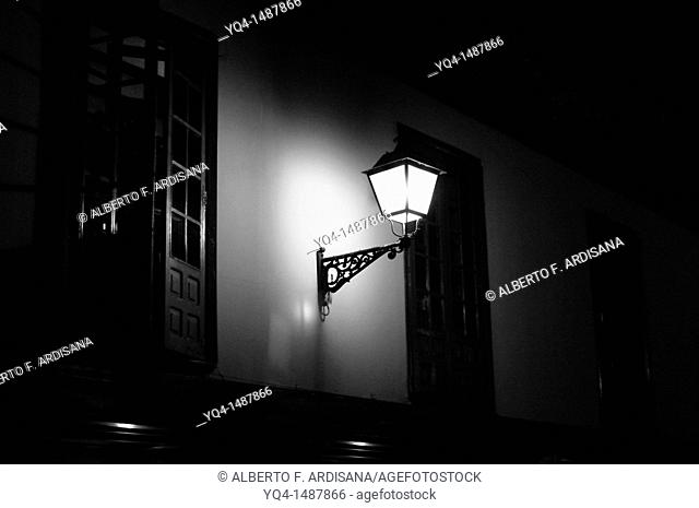 Lampposts in the arcades of the Fontan, Oviedo black and white photographs, Asturias, Spain