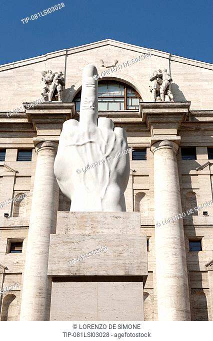 Italy, Lombardy, Milan, the stock exchange in Piazza Affari and Cattelan sculpture