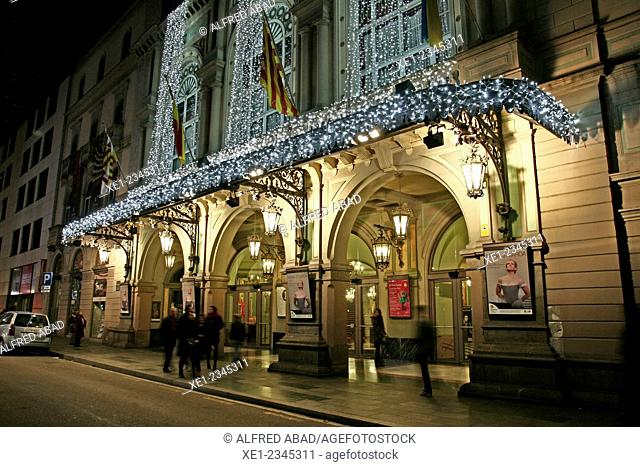 Teatro del Liceo at night, Christmas lights, Barcelona, Catalonia, Spain