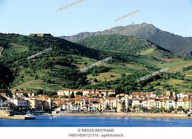 France, Pyrénées-Orientales (66), Collioure and its beach dominated by Madeloc tower
