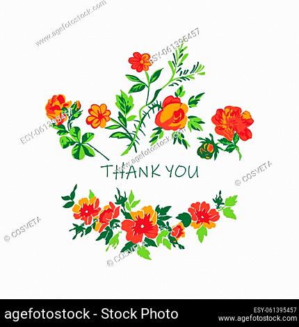 Wedding invitation floral card. Wreath roses flowers, stems, leaves in pastel green red colors on white background. Vector illustration, greeting card, logo