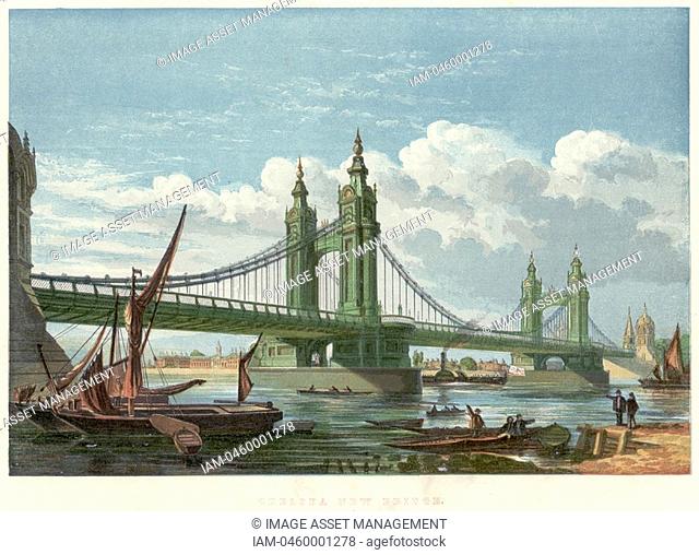 Chelsea Bridge, London, 1858  Suspension bridge over the Thames, opened in 1858, connecting Chelsea with Battersea on the south bank of the river  It was...