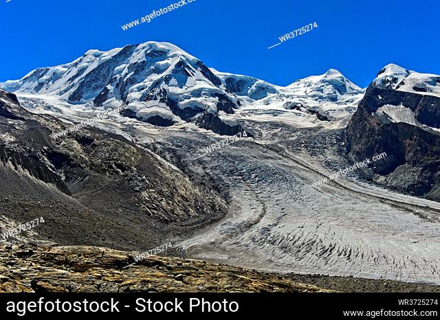 Gipfel Liskamm, Zwillinge Castor und Pollux und Grenzgletscher, Zermatt, Wallis, Schweiz / Peaks Liskamm, Castor and Pollux and glacier Grenzgletscher, Zermatt