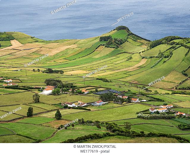 Landscape near Rosais. Sao Jorge Island, an island in the Azores (Ilhas dos Acores) in the Atlantic ocean. The Azores are an autonomous region of Portugal