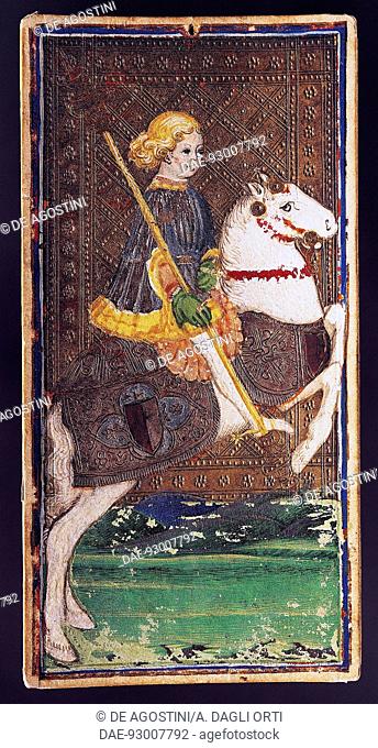 Tarot card depicting the Knight of wands, from the Pierpont-Morgan deck, workshop of Bonifacio Bembo (active 1447-1478, died before 1482)