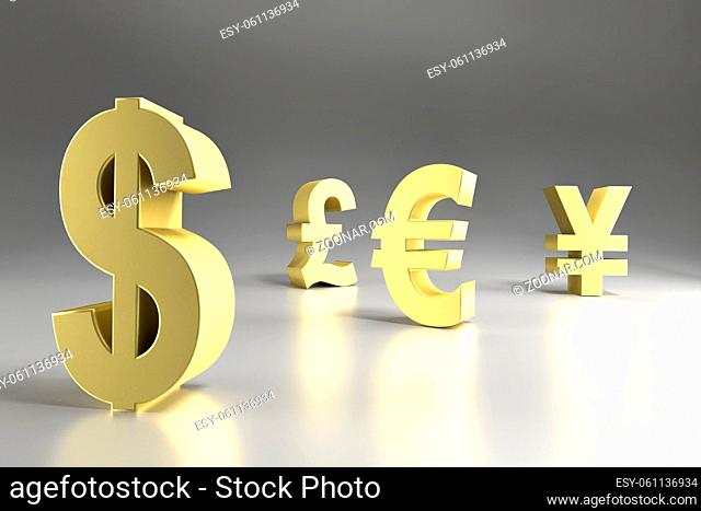 3D rendering of four major currency symbols in golden color - Dollar, Pound Sterling, Euro and Yen