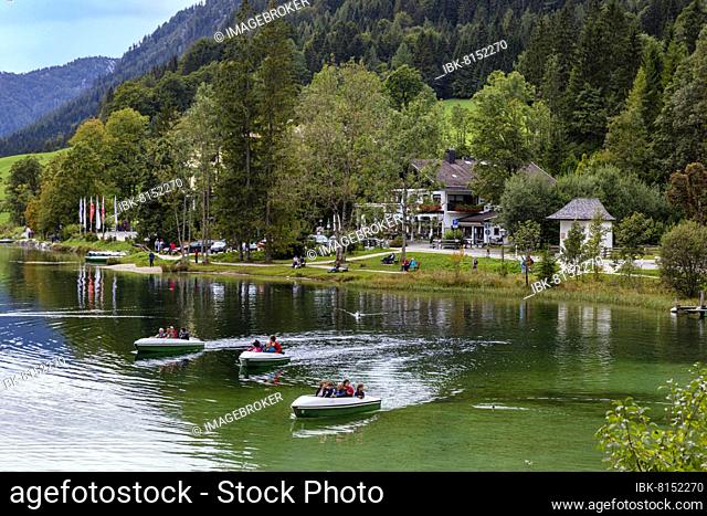 Pedal boats and rowing boats on the Hintersee, Ramsau bei Berchtesgaden, Bavaria, Germany, Europe