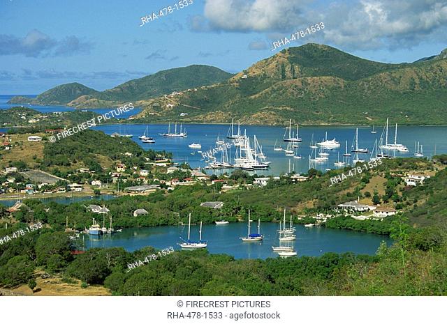 Aerial view over Falmouth Bay, with moored yachts, Antigua, Leeward Islands, West Indies, Caribbean, Central America