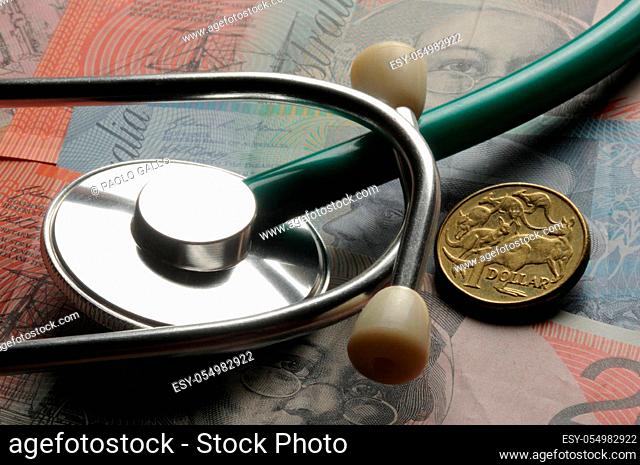 Stethoscope on Australian banknotes and coins