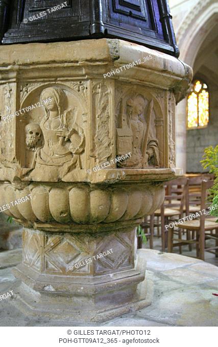 tourism, France, upper normandy, seine maritime, pays de caux, le bourg dun, church, baptismal fonts, carved baptistery Photo Gilles Targat