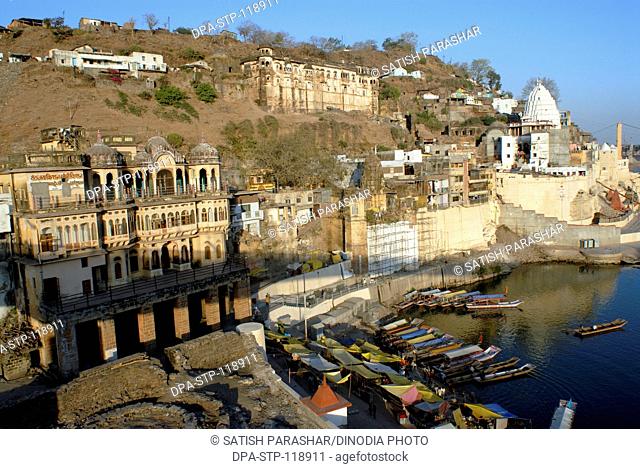 Omkareshwar ghat and the temple Jyothirlingam one of the 12 throughout india on the bank of Narmada river ; District Khandva ; Madhya Pradesh ; India