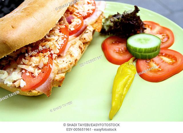 Fresh Sandwich with chicken, cucumber, tomato, cheese and bread