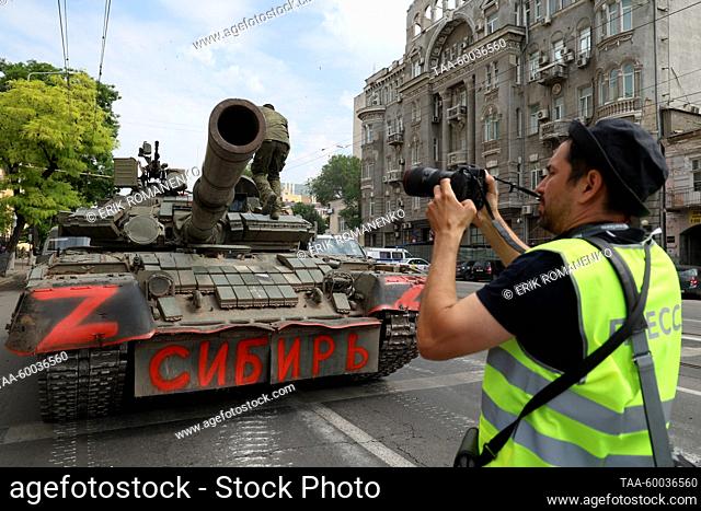 RUSSIA, ROSTOV-ON-DON - JUNE 24, 2023: A tank manned by PMC Wagner fighters is seen at the headquarters of the Russian Army Southern Military District