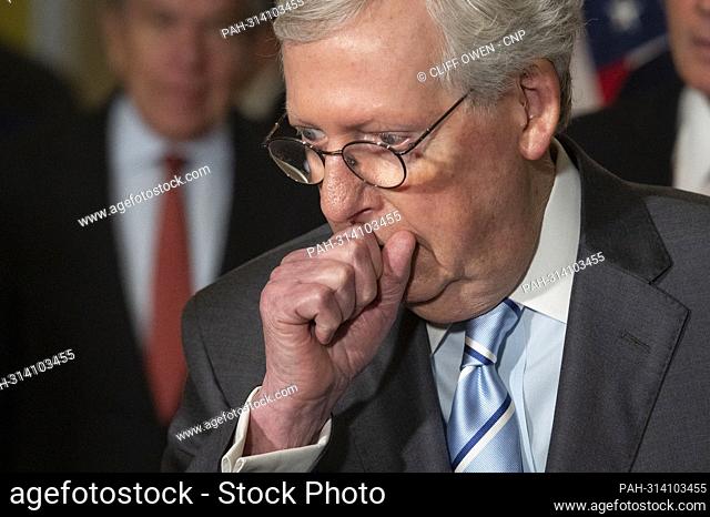 United States Senate Minority Leader Mitch McConnell (Republican of Kentucky) coughs wile offering remarks during the Senate Republican’s policy luncheon press...