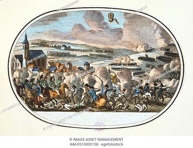 Battle of Fleurus, 26 June 1794. French under Jourdan defeated the Austrian army Josias von Saxe Coburg. In the sky is the French balloon 'l'Entreprenant'