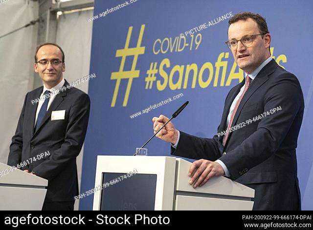 22 September 2020, Hessen, Frankfurt/Main: Federal Health Minister Jens Spahn (r, CDU) speaks at the German headquarters of the French Sanofi group after...