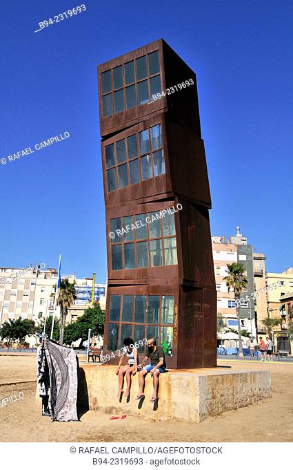 Sculpture "L'estel ferit" ( The wounded star ) by Rebecca Horn at Barceloneta beach, 1992. Barcelona, Catalonia, Spain