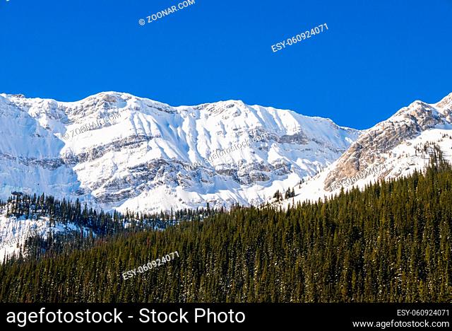 A snow covered mountain on a clear blue winter day in the Canadian Rocky Mountains at Black Prince Cirque in Peter Lougheed Provincial Park, Alberta, Canada