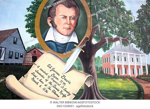USA, Louisiana, Cajun Country, Opelousas, mural to locally born legendary US frontiersman and inventor of the Bowie Knife, Jim Bowie