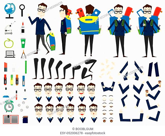 School Boy Character Animation Set. Front, Back, Side View. Different Emotions. Vector Illustration. School Supplies. Isolated on White Background