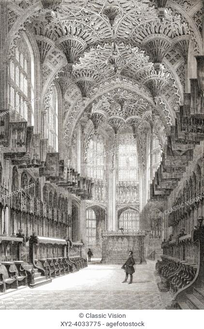 Westminster Abbey, Westminster, London, England. Interior view of the ceiling of the Henry VII Lady Chapel, seen here in the 19th century