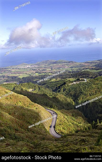 Mountain road to Lagoa do Fogo and the summit of Pico Barrosa, Sao Miguel Island, Azores, Portugal, Europe